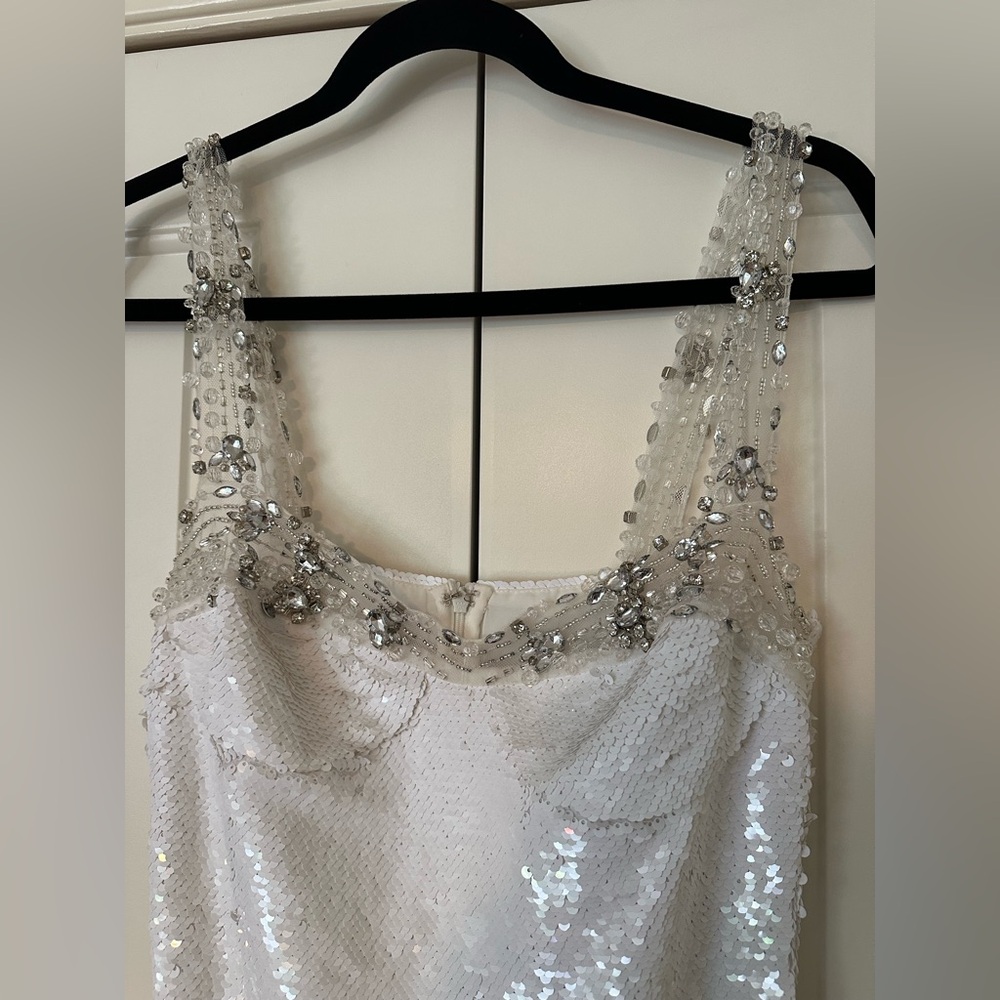 PatBO White Sequin Mini Dress with Silver Beaded Trim - Picture 2 of 11